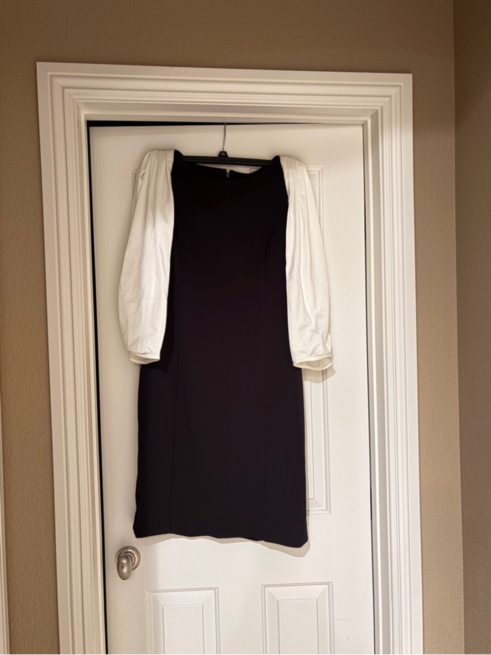 DKNY Black Midi Dress with White Puff Sleeves